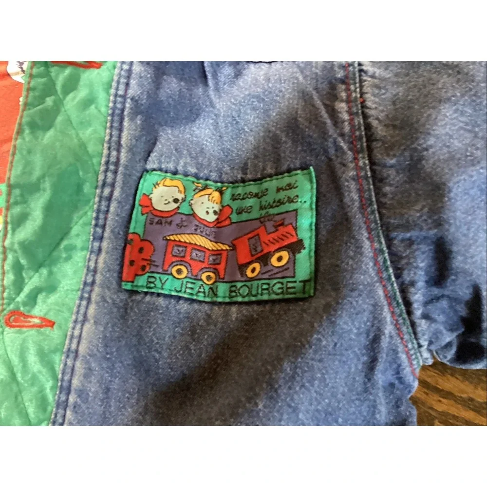 Vtg Jean Bourget Toddler Jean Jacket Insulated Color Block Train Pattern Sz 2-4